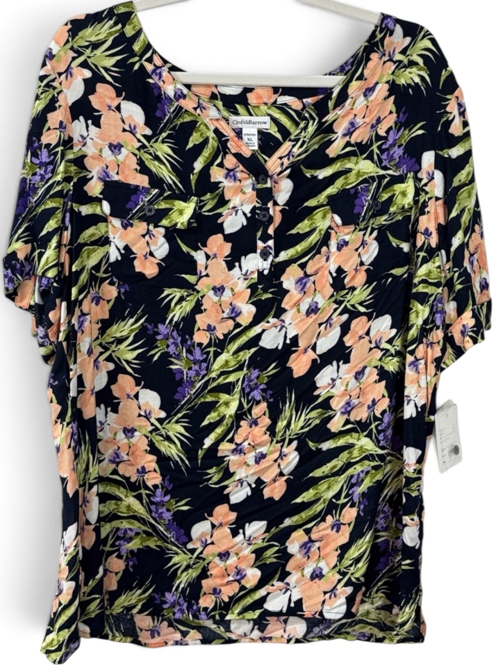 Croft & Barrow Women’s Floral Roll-Tab Sleeve Top w/ 2 Front Pockets - Size XL